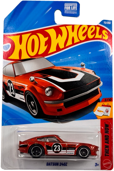 Hot Wheels Datsun 240Z toy car in its original blister packaging, featuring a bronze-orange race car with white and black racing stripes.