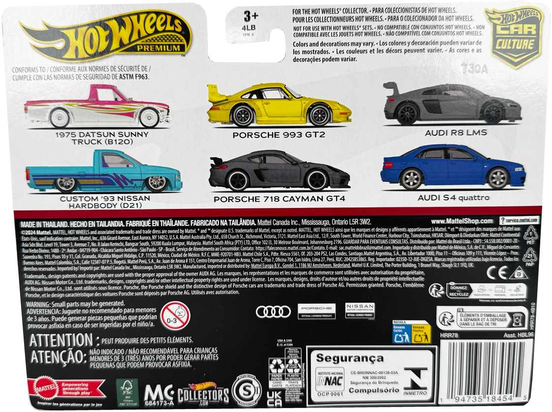 Hot Wheels Premium 2 Pack 1975 Datsun Sunny Truck (B120) / Custom '93 Nissan Hard Body (D21) Vehicle Toy Minicar 3 Years Old and Multi HRR78