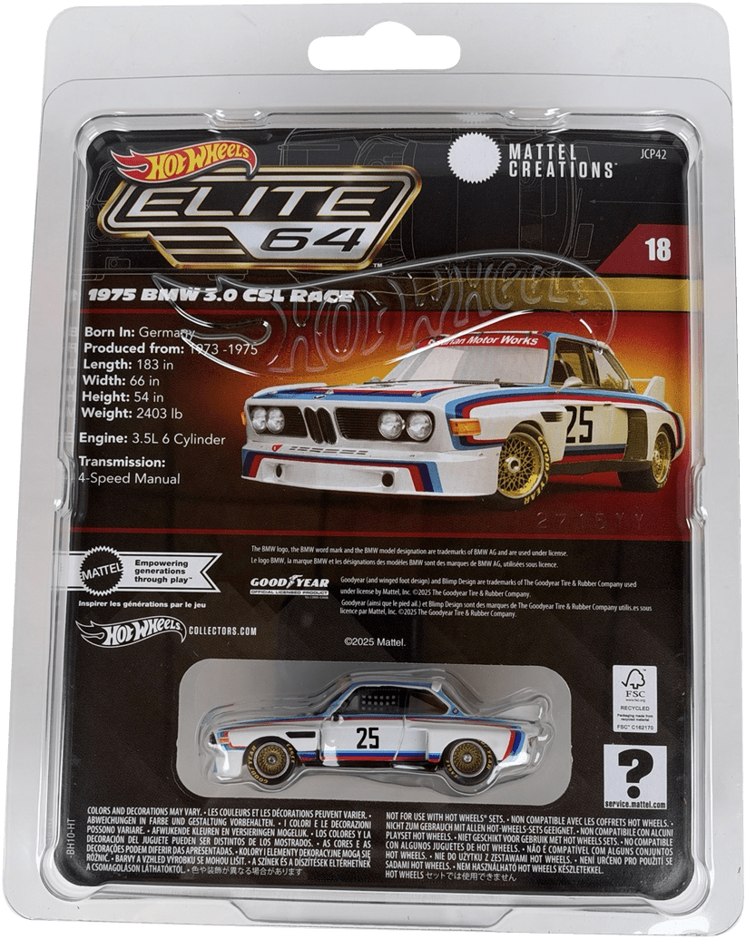 Hot Wheels Elite 64 1975 BMW 3.0 CSL Race, JCP42 - Westside Toys