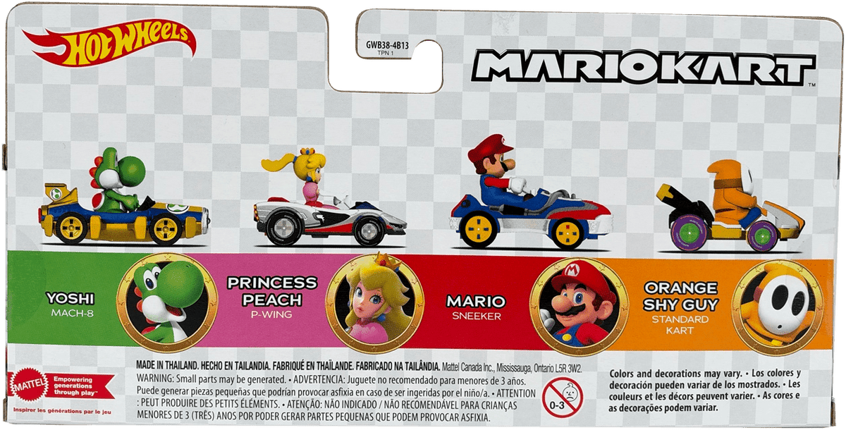 Hot Wheels Mario Kart Set Of 4: Yoshi, Princess Peach, Mario, and Orange Shy Guy, GWB38 - Westside Toys