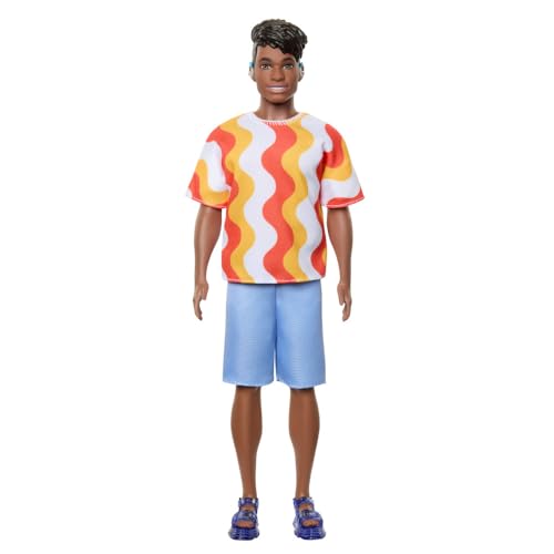 Barbie Fashionistas Ken Doll #220 with Behind-the-Ear Hearing Aids & Broad Body Wearing a Removable Orange Patterned Shirt, Shorts & Jelly Sandals - image 1