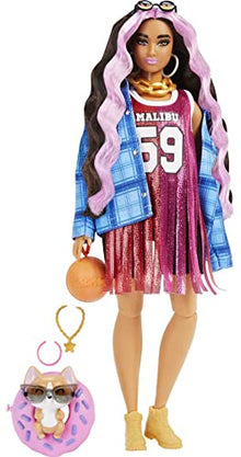 Barbie Extra Doll and Accessories with Pink-Streaked Crimped Hair in Jersey Dress with Pet Corgi - image 1
