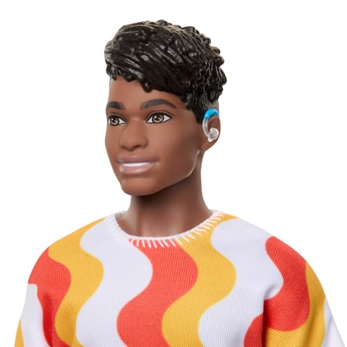 Barbie Fashionistas Ken Doll #220 with Behind-the-Ear Hearing Aids & Broad Body Wearing a Removable Orange Patterned Shirt, Shorts & Jelly Sandals - image 7