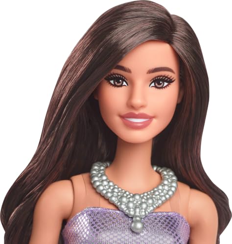 Barbie Fashionistas Doll #234 with Brown Hair, Wearing Sequined Purple Bubble Dress with Satiny Skirt, Silvery Necklace and Heels - image 8