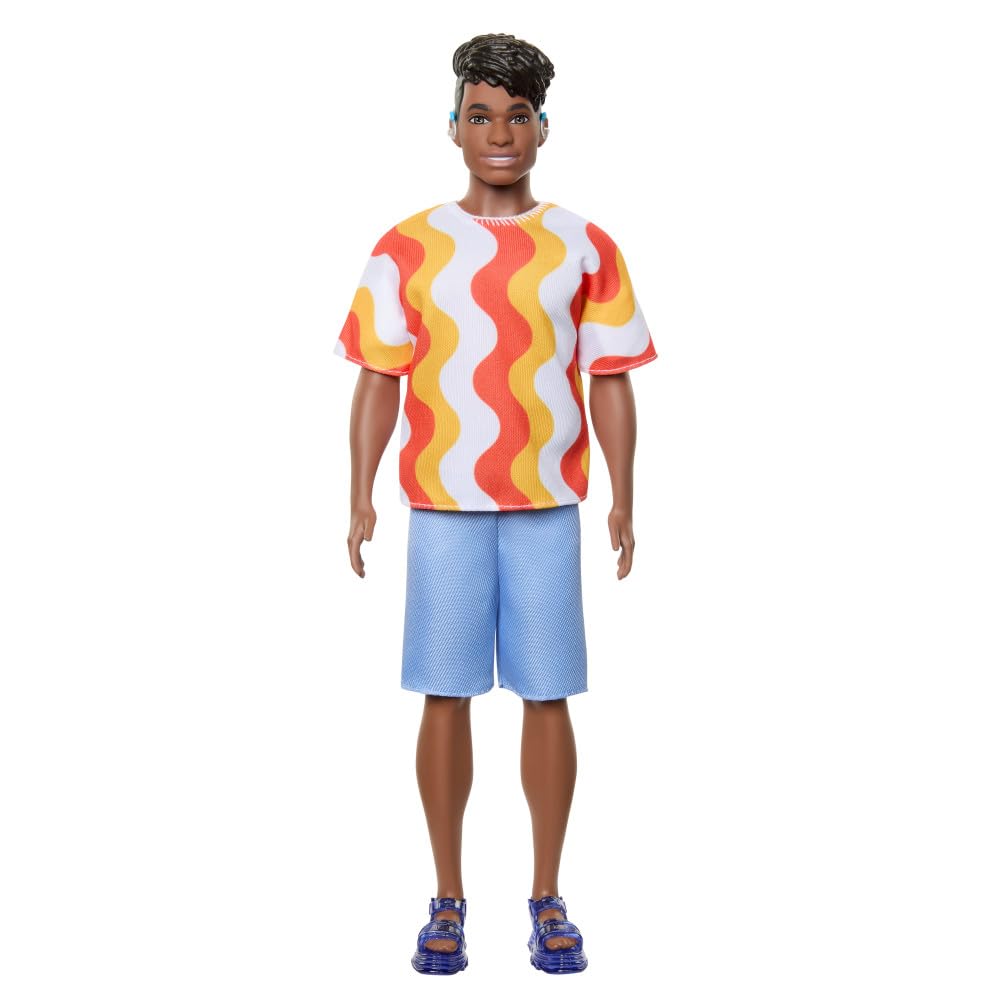 Barbie Fashionistas Ken Doll #220 with Behind-the-Ear Hearing Aids & Broad Body Wearing a Removable Orange Patterned Shirt, Shorts & Jelly Sandals - image 3