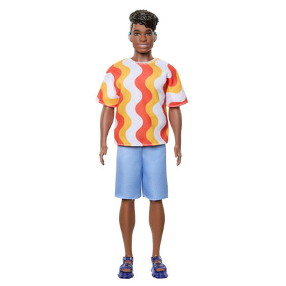Barbie Fashionistas Ken Doll #220 with Behind-the-Ear Hearing Aids & Broad Body Wearing a Removable Orange Patterned Shirt, Shorts & Jelly Sandals - image 3