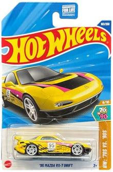 Hot Wheels '95 Mazda RX-7 Drift Die-Cast Car, Yellow with Pink Accents, 163/250, HW '70s vs '90s Series, 9/10 - image 1