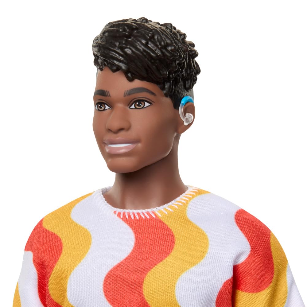 Barbie Fashionistas Ken Doll #220 with Behind-the-Ear Hearing Aids & Broad Body Wearing a Removable Orange Patterned Shirt, Shorts & Jelly Sandals - image 9
