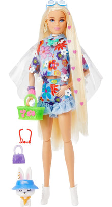 Barbie Extra Doll and Accessories with Extra-Long Blonde Hair Wearing Floral Outfit & Poncho with Pet Bunny - image 1