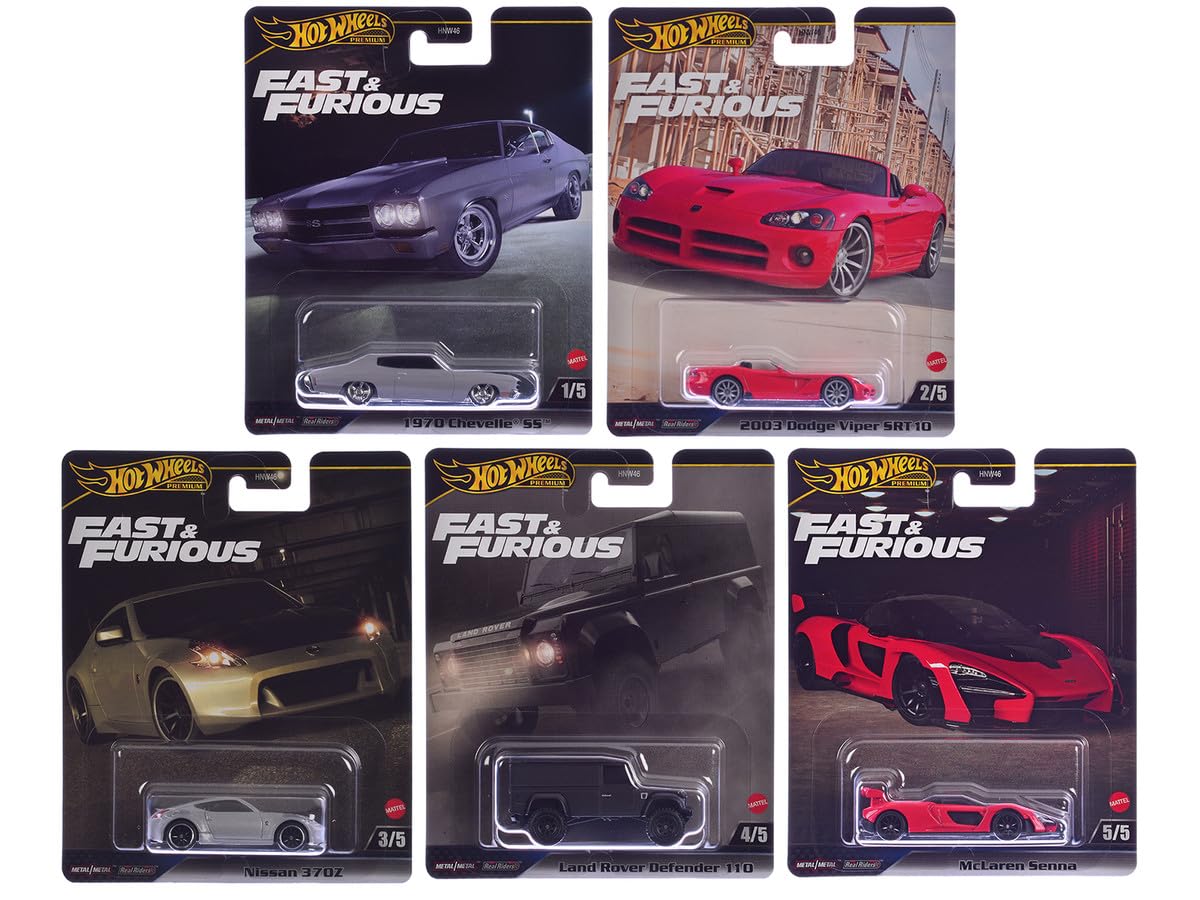Hot Wheels Fast & Furious Premium Die-Cast Cars Collection, 5-Pack Set, 1970 Chevelle SS, Dodge Viper, Nissan 370Z, Land Rover Defender, McLaren Senna HNW46-956J - image 3