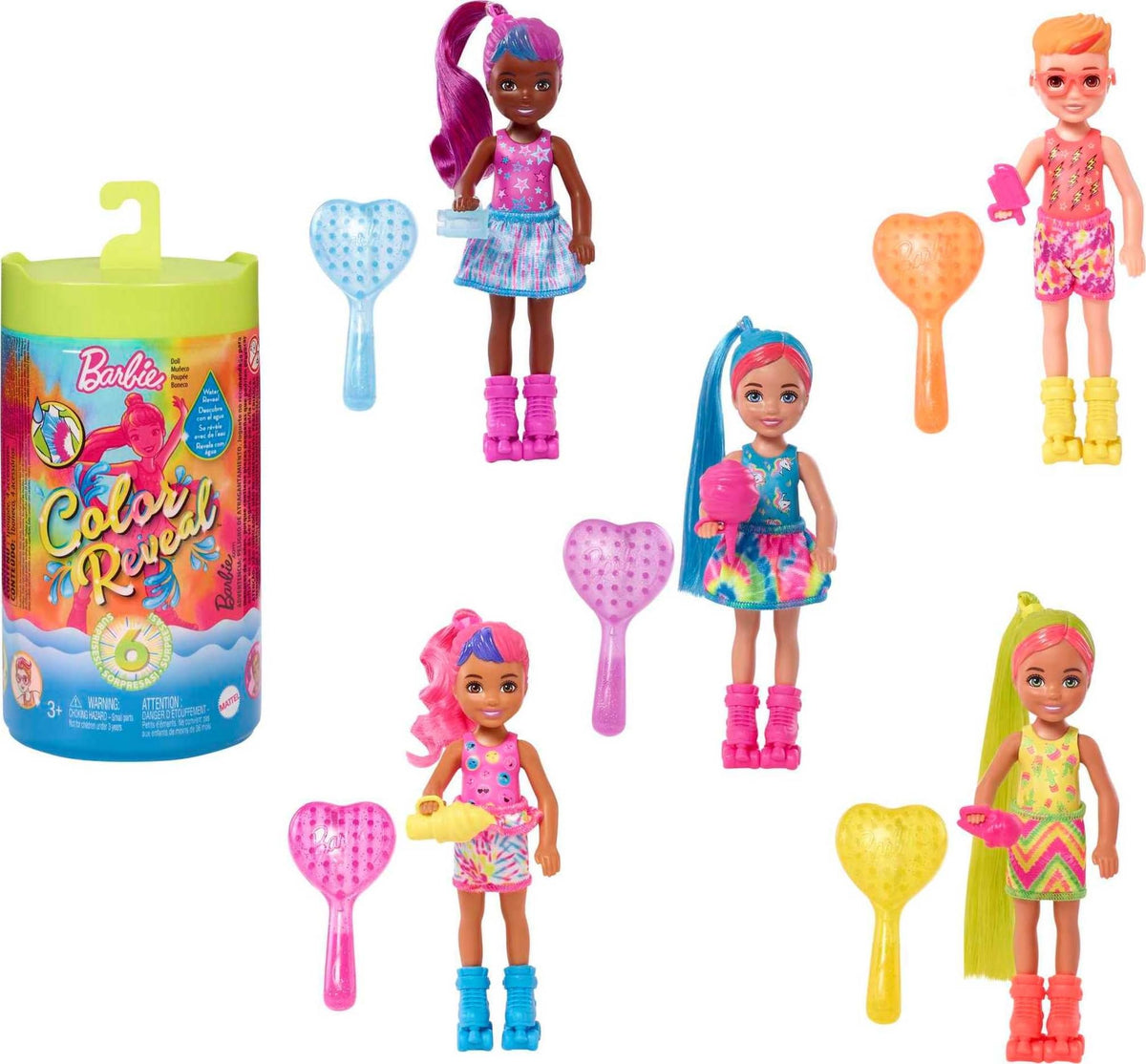 Barbie Color Reveal Small Doll & Accessories, Neon Tie-Dye Series, 6 Surprises, 1 Chelsea Doll (Styles May Vary) - image 1