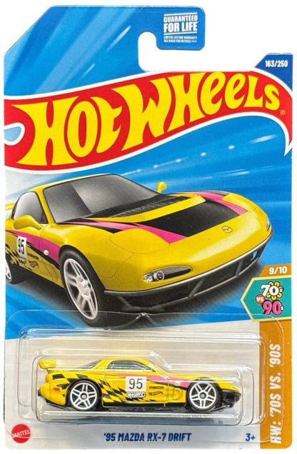 Hot Wheels '95 Mazda RX-7 Drift Die-Cast Car, Yellow with Pink Accents, 163/250, HW '70s vs '90s Series, 9/10 - image 3