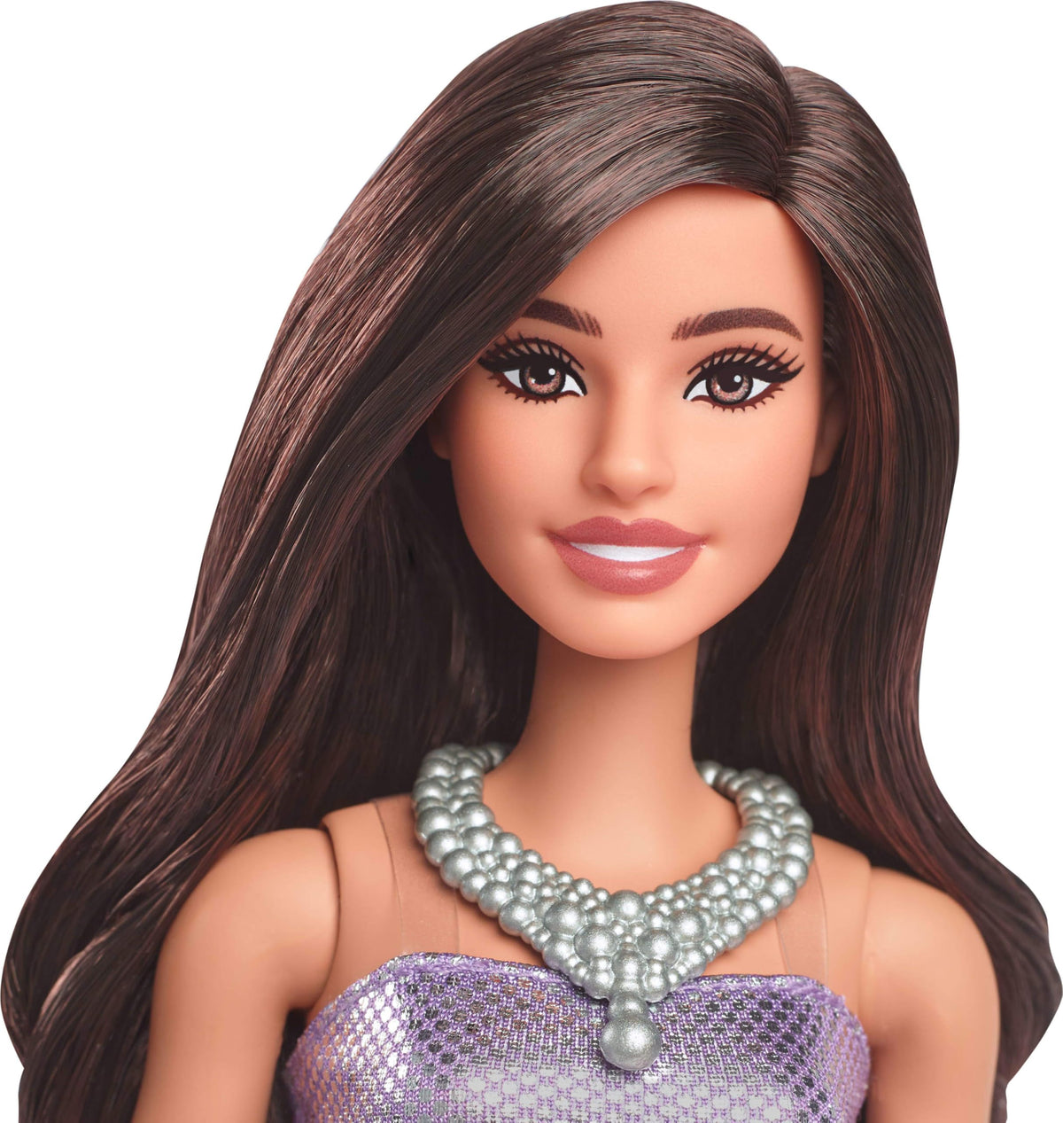Barbie Fashionistas Doll #234 with Brown Hair, Wearing Sequined Purple Bubble Dress with Satiny Skirt, Silvery Necklace and Heels - image 7
