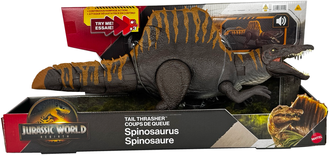 Jurassic World Rebirth Tail Thrasher Spinosaurus Dinosaur Action Figure with 2 Attack Moves, JGB57