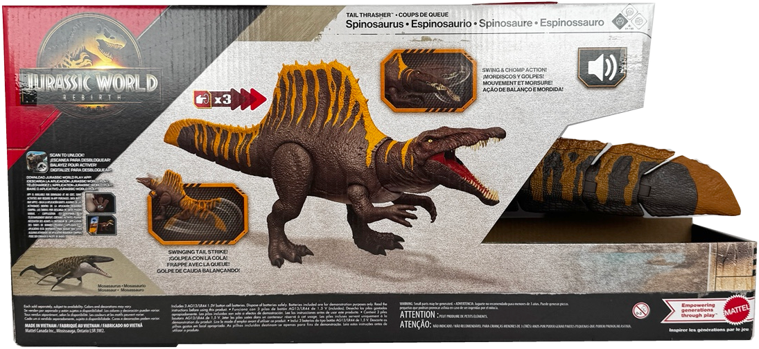 Jurassic World Rebirth Tail Thrasher Spinosaurus Dinosaur Action Figure with 2 Attack Moves, JGB57