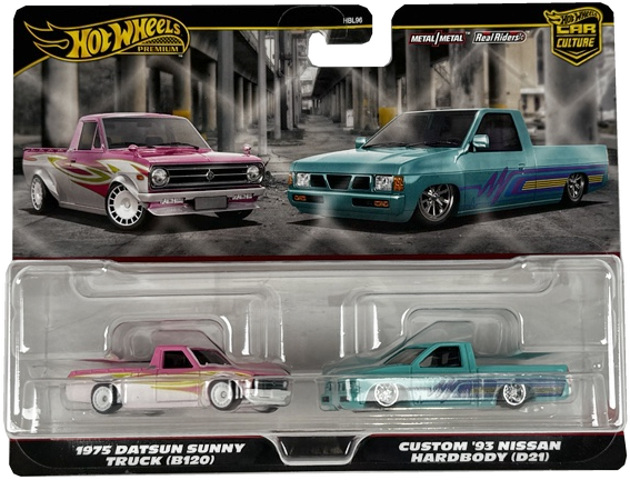 Hot Wheels Premium 2 Pack 1975 Datsun Sunny Truck (B120) / Custom '93 Nissan Hard Body (D21) Vehicle Toy Minicar 3 Years Old and Multi HRR78