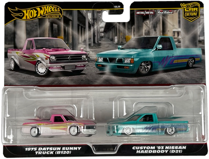 Hot Wheels Premium 2 Pack 1975 Datsun Sunny Truck (B120) / Custom '93 Nissan Hard Body (D21) Vehicle Toy Minicar 3 Years Old and Multi HRR78