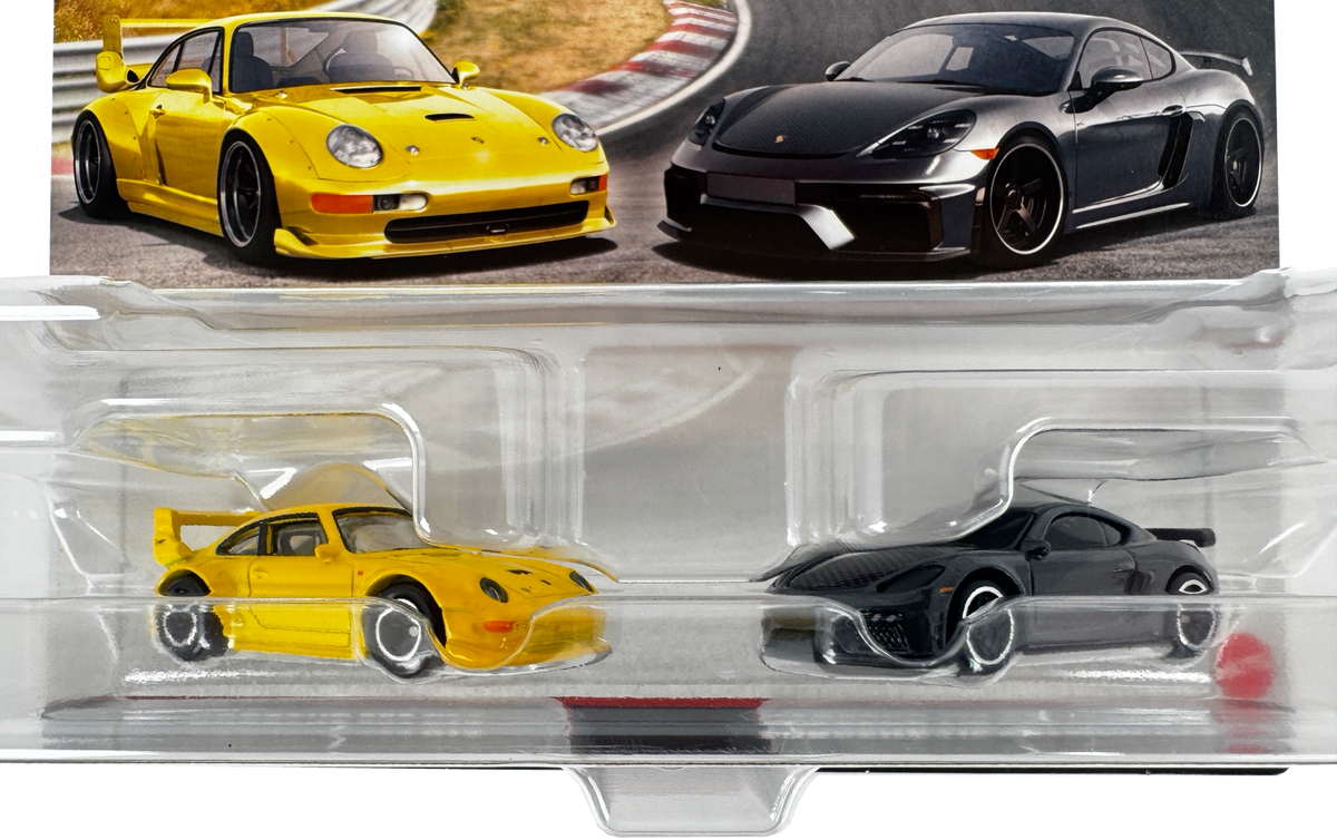 Hot Wheels HRR82 Premium 2 Pack Porsche 993 GT2/ Porsche 718 Cayman GT4 Vehicle Toy Minicar 3 Years Old and Up Multi