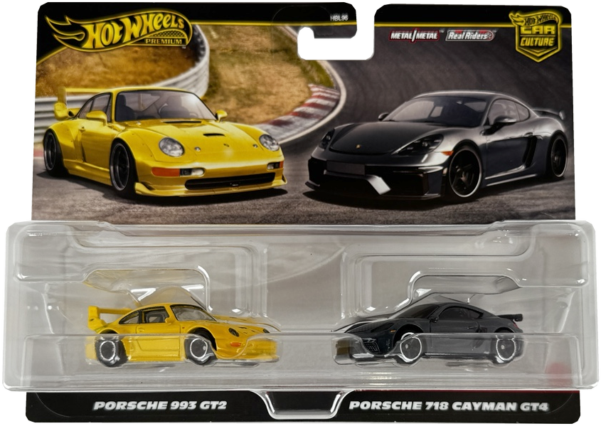 Hot Wheels HRR82 Premium 2 Pack Porsche 993 GT2/ Porsche 718 Cayman GT4 Vehicle Toy Minicar 3 Years Old and Up Multi