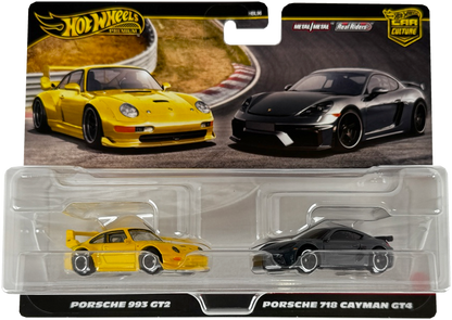Hot Wheels HRR82 Premium 2 Pack Porsche 993 GT2/ Porsche 718 Cayman GT4 Vehicle Toy Minicar 3 Years Old and Up Multi