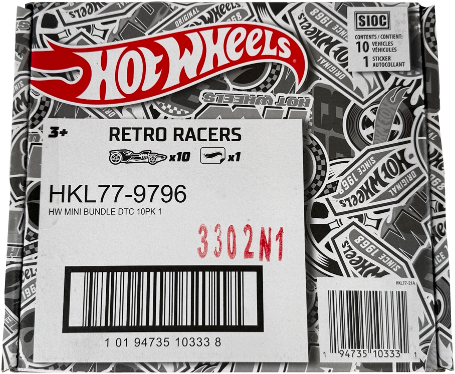 Hot Wheels Retro Racers 10-Pack Die-Cast Vehicles with 1 Sticker, Ages 3+, HKL77-9796