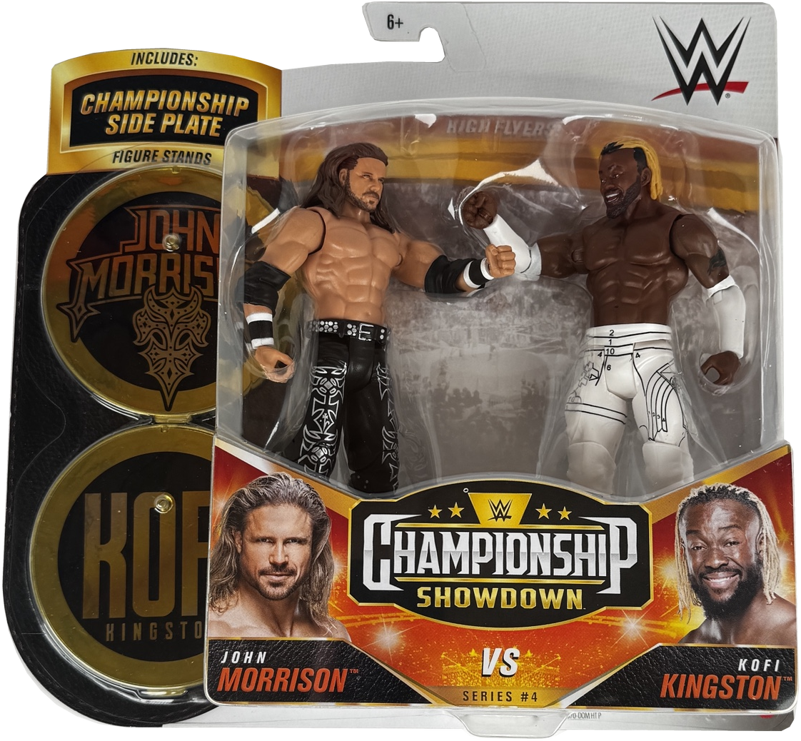 WWE Championship Showdown Series #4 action figure set featuring John Morrison and Kofi Kingston in a clear blister pack with a gold and black side plate, shown on a white background.