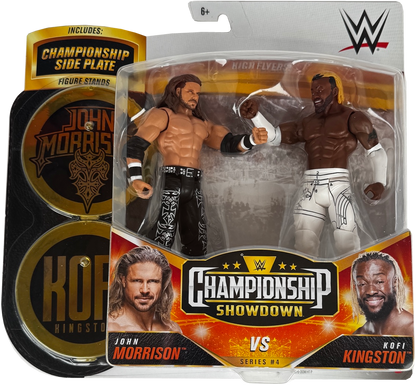WWE Championship Showdown Series #4 action figure set featuring John Morrison and Kofi Kingston in a clear blister pack with a gold and black side plate, shown on a white background.
