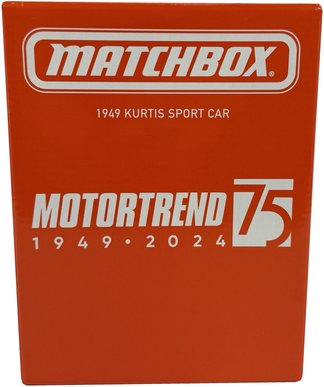 A red Matchbox model car box featuring white text that reads 'MATCHBOX', '1949 KURTIS SPORT CAR', 'MOTORTREND 75', and '1949 • 2024'.