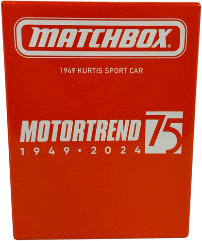 A red Matchbox model car box featuring white text that reads 'MATCHBOX', '1949 KURTIS SPORT CAR', 'MOTORTREND 75', and '1949 • 2024'.