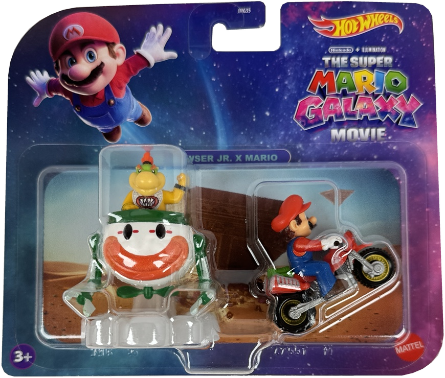 Hot Wheels The Super Mario Galaxy Movie toy set in its original blister packaging, featuring a small Mario on a motorcycle and a Bowser Jr. X Mario figure.