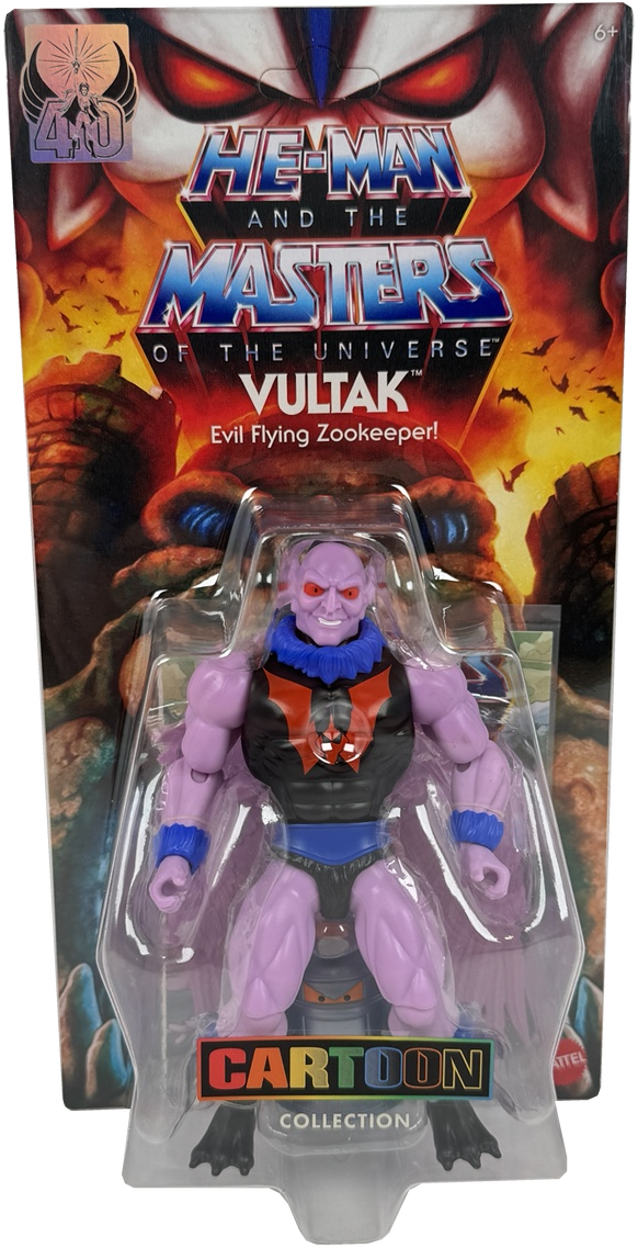 He-Man and the Masters of the Universe Vultak action figure in its original blister card packaging, featuring a purple-skinned evil flying zookeeper with black and blue clothing.