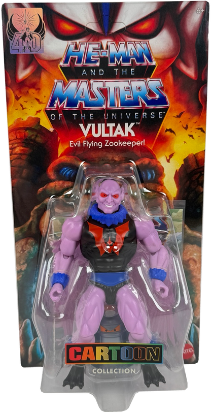 He-Man and the Masters of the Universe Vultak action figure in its original blister card packaging, featuring a purple-skinned evil flying zookeeper with black and blue clothing.