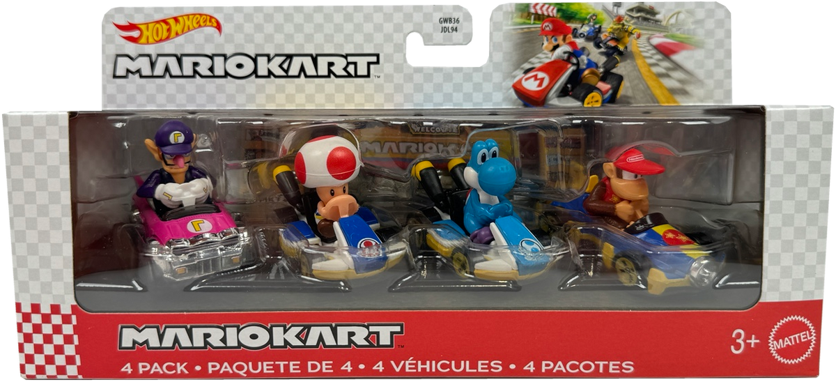 A 4-pack of Hot Wheels Mario Kart toy vehicles in their original retail packaging, featuring Luigi, Toad, Light-blue Yoshi, and Diddy Kong.