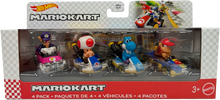 A 4-pack of Hot Wheels Mario Kart toy vehicles in their original retail packaging, featuring Luigi, Toad, Light-blue Yoshi, and Diddy Kong.