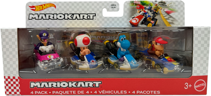 A 4-pack of Hot Wheels Mario Kart toy vehicles in their original retail packaging, featuring Luigi, Toad, Light-blue Yoshi, and Diddy Kong.