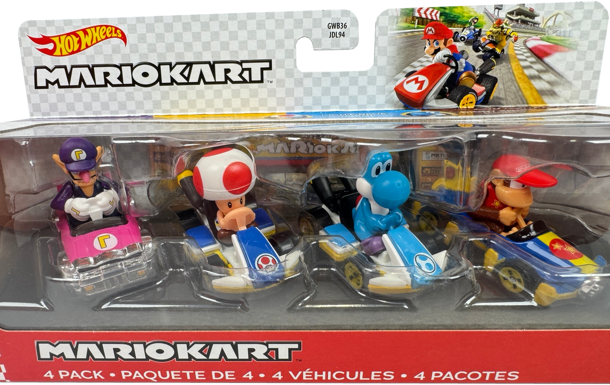 Hot Wheels Mario Kart Set Of 4: Waluigi, Toad, Light-Blue Yoshi, and Diddy Kong, GXX98