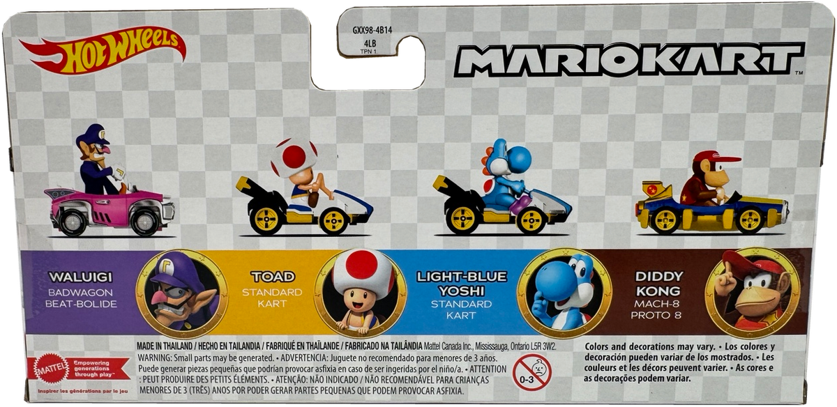 Hot Wheels Mario Kart Set Of 4: Waluigi, Toad, Light-Blue Yoshi, and Diddy Kong, GXX98