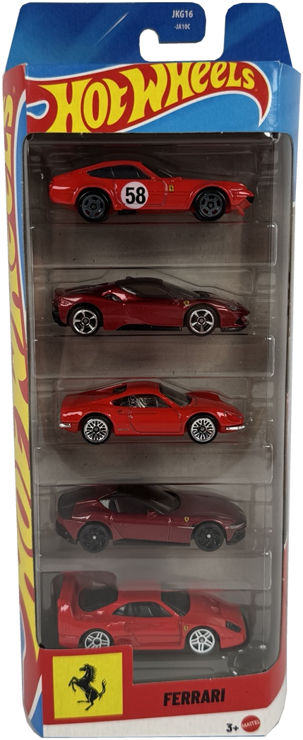 A Hot Wheels toy car set in retail packaging, featuring five miniature Ferrari sports cars in red and dark metallic shades, displayed in a clear plastic blister pack with a blue and red Hot Wheels header card.