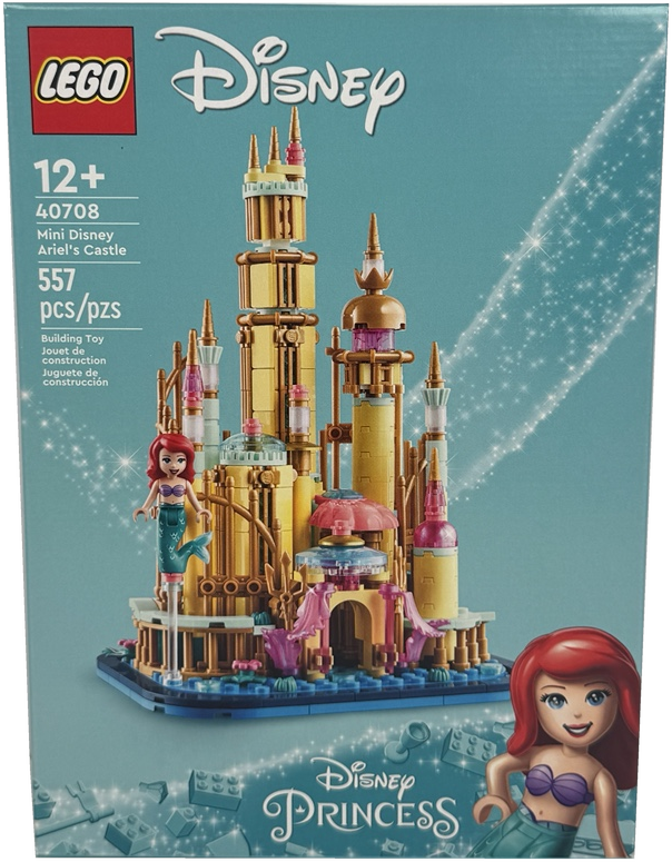 LEGO Disney Princess Mini Disney Ariel's Castle building toy box, set number 40708, featuring a gold and pink castle on a blue base with Ariel and Princess Poppy figures, on a teal background.