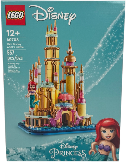 LEGO Disney Princess Mini Disney Ariel's Castle building toy box, set number 40708, featuring a gold and pink castle on a blue base with Ariel and Princess Poppy figures, on a teal background.