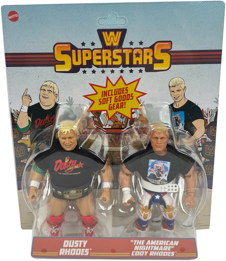 WWE Superstars double-pack of Cody Rhodes and Dusty Rhodes action figures in their original blister card packaging, featuring Mattel branding.