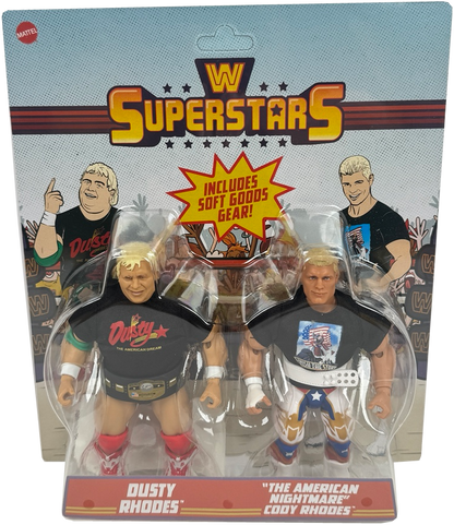 WWE Superstars double-pack of Cody Rhodes and Dusty Rhodes action figures in their original blister card packaging, featuring Mattel branding.