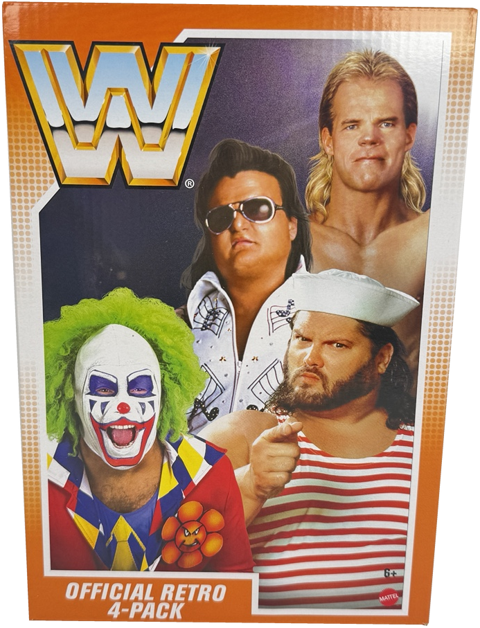 Wrestling action figure 4-pack box featuring WWE 'Official Retro 4-Pack' characters,Lex Luger, Greg "The Hammer" Valentine, Doink the Clown, and Tugboat. The WWE logo is prominent at the top, with an orange border around the package.