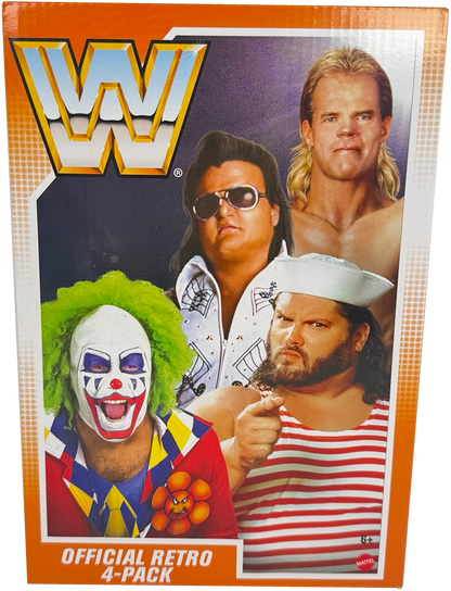 Wrestling action figure 4-pack box featuring WWE 'Official Retro 4-Pack' characters,Lex Luger, Greg "The Hammer" Valentine, Doink the Clown, and Tugboat. The WWE logo is prominent at the top, with an orange border around the package.