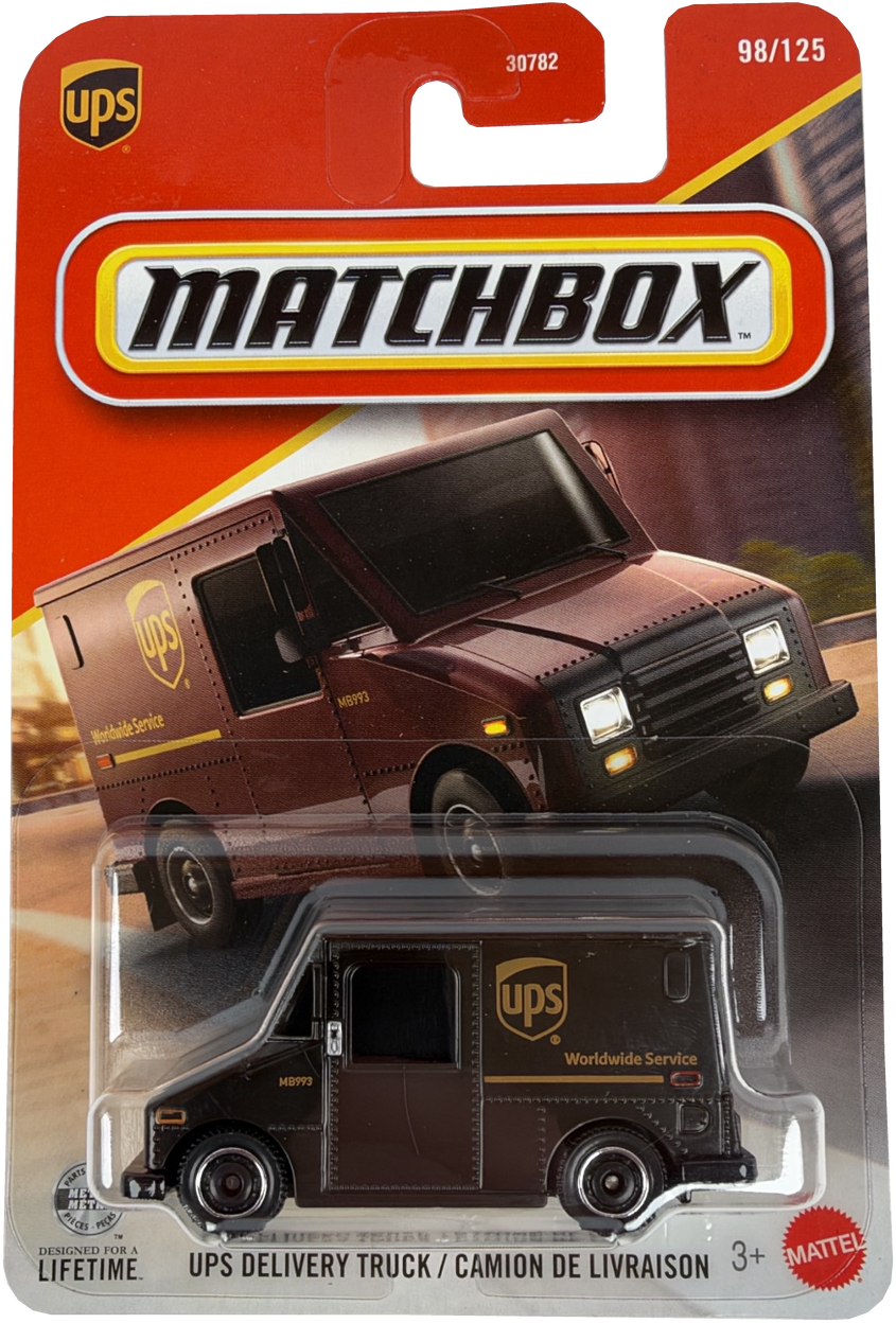 Matchbox Mattel 98/125 UPS Delivery Truck diecast toy car in its original blister card packaging, featuring a dark brown truck with gold UPS branding.