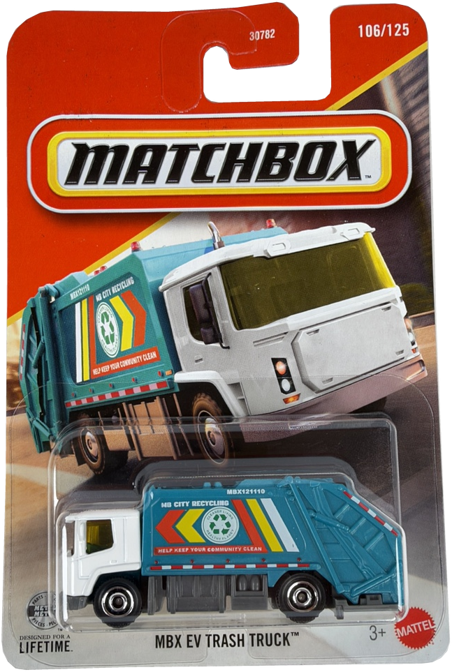 Matchbox MBX EV Trash Truck toy in its original blister card packaging, featuring a teal and white garbage truck with colorful graphics.