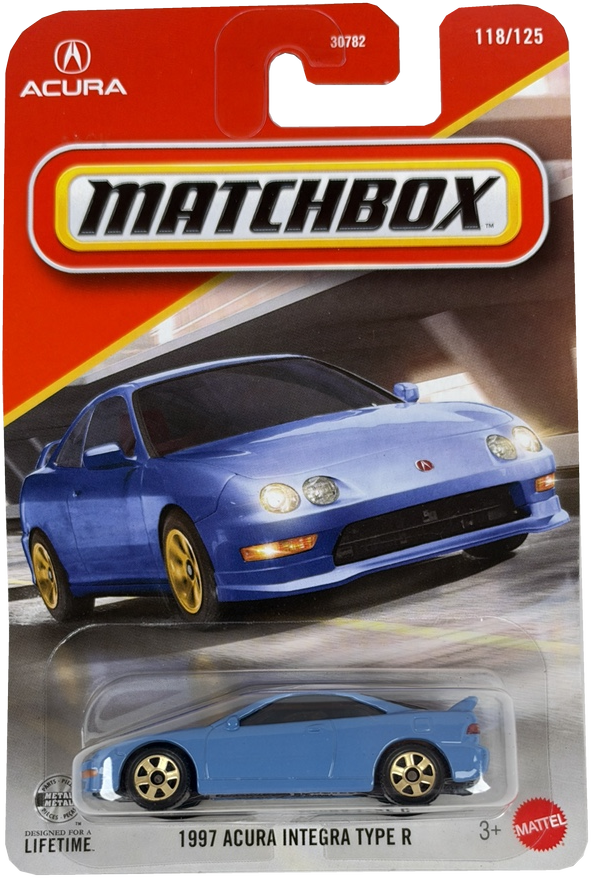 Matchbox Mattel 1997 Acura Integra Type R diecast toy car in its original blister card packaging. The package features an orange and yellow Matchbox logo at the top, a large image of the blue car on the card, and the small blue toy car inside a clear plastic bubble at the bottom.