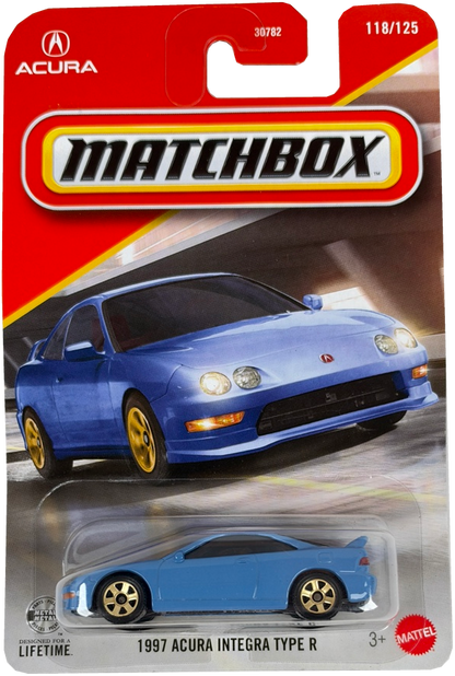 Matchbox Mattel 1997 Acura Integra Type R diecast toy car in its original blister card packaging. The package features an orange and yellow Matchbox logo at the top, a large image of the blue car on the card, and the small blue toy car inside a clear plastic bubble at the bottom.