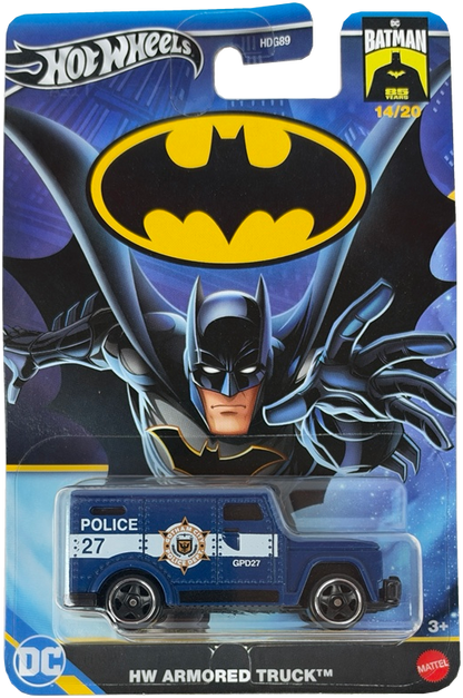 Hot Wheels Batman HW Armored Truck toy in its original blister card packaging, featuring a blue police truck with Batman graphics on the card.