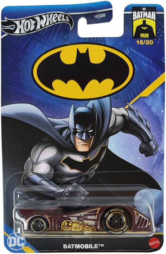 Hot Wheels Batman Batmobile toy car in its original blister card packaging, featuring Batman artwork and the Hot Wheels and Batman logos.